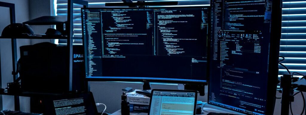 a desk with several monitors